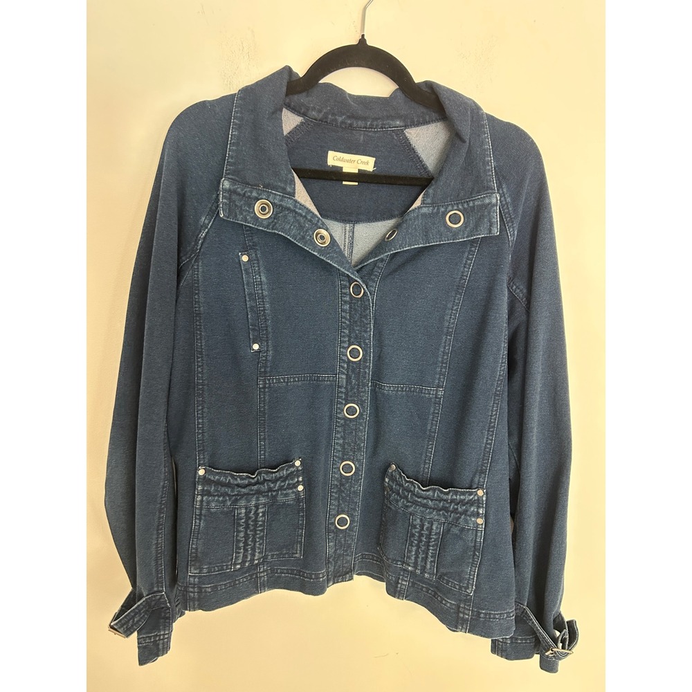 Y2K ColdWater Creek Womens Indigo Denim Knit Jacket Grommet Button Petite Large